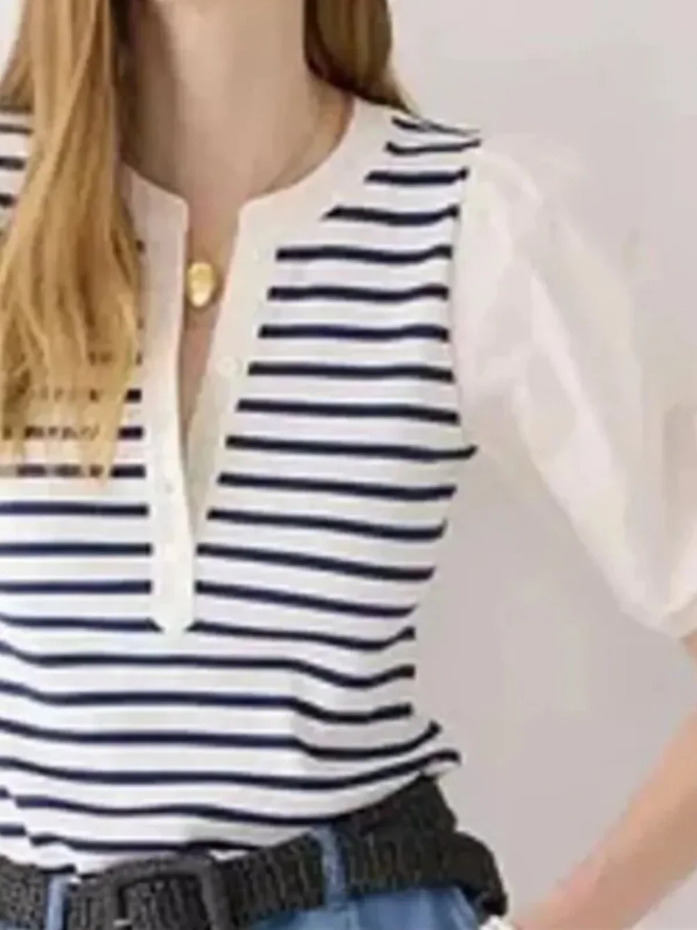J. Crew Vintage Rib Puff-Sleeve Henley, Navy/White Stripes - Womens Small